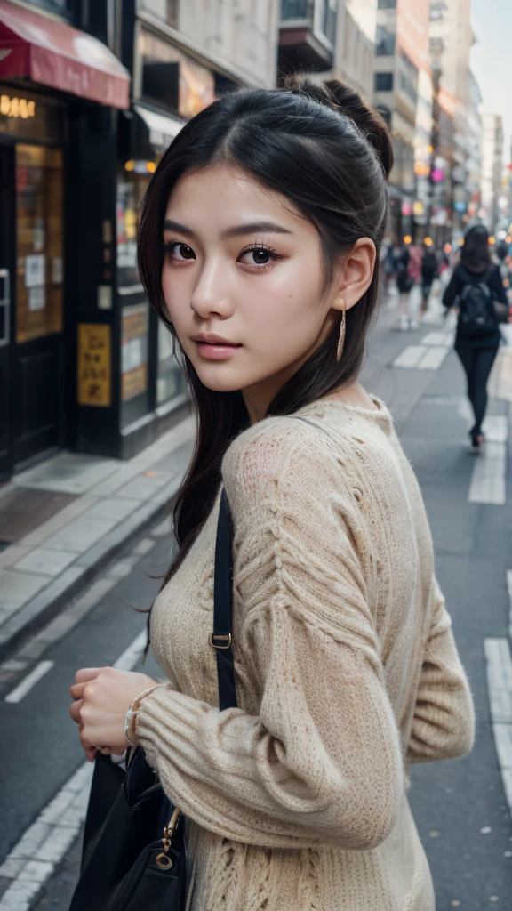 a beautiful young chinese girl walking down a city street, holding a shopping bag, (1girl,beautiful detailed eyes:1.2,beautiful detailed lips,extremely detailed face,long eyelashes),(masterpiece,best quality,ultra-detailed:1.6),realistic,photorealistic,vivid colors,cinematic lighting,dramatic atmosphere,detailed background,urban environment,realistic textures,dynamic pose,serene expression,illustration