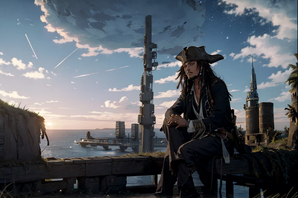 octans, sky, star (sky), scenery, starry sky, night, Capitan Jack Sparrow, night sky, solo, outdoors, building, cloud, milky way, sitting, tree, long hair, city, silhouette, cityscape