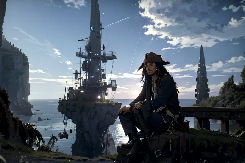 octans, sky, star (sky), scenery, starry sky, night, Capitan Jack Sparrow, night sky, solo, outdoors, building, cloud, milky way, sitting, tree, long hair, city, silhouette, cityscape