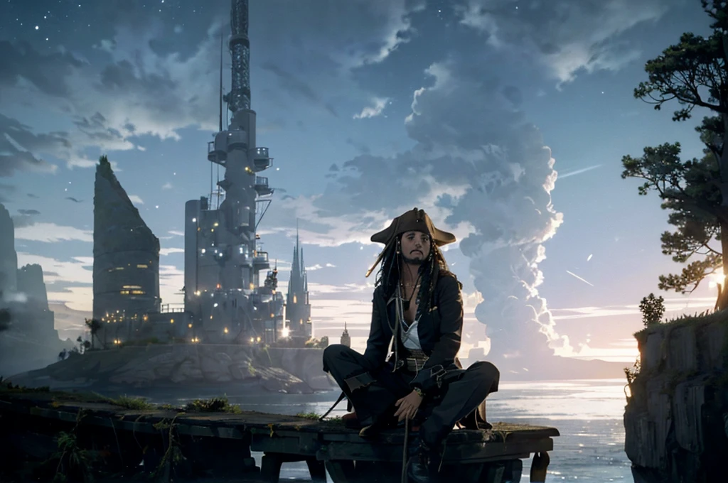 octans, sky, star (sky), scenery, starry sky, night, Capitan Jack Sparrow, night sky, solo, outdoors, building, cloud, milky way, sitting, tree, long hair, city, silhouette, cityscape