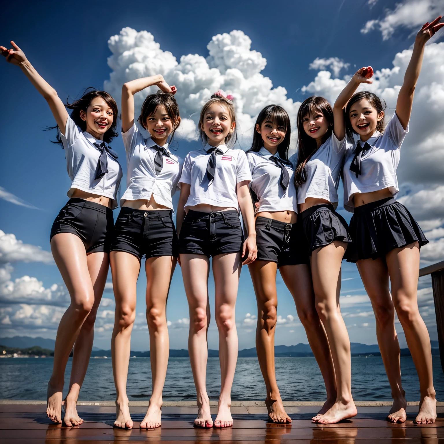  Masterpiece of ProfessionalPhoto ((ExtremelyDetailed (12 PICHIPICHI KAWAII Girls Floating in The Air in a row:1.37) in WHITE at Dusk Enoshima Beach)), {(Standing Full Body:1.2)|(from below:1.2)|Detailed KAWAII face}, Different types of hair colors, {(skinny(school swimwear))|(SchoolUniform)with Skinny AthleticShorts}, {(Corrected Childish hand)|Hidden hand|Different types of breasts|(Clearly Visible the shape of Butt)}, Joyful Expressions LifeLike Rendering, PerfectLighting, (Dazzling Horizon Visible through ThighGap), (Starry IridescentParticles:1.22) ColorfulClouds