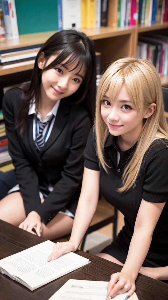 (award winning, 8k, super detailed, high resolution, best quality) , photography, (two girls), girl on the left with blonde hair and smirk expression, girl on the right with black hair and (timid expression), (sitting side by side at desk), ((beautiful girls)), set in classroom.
