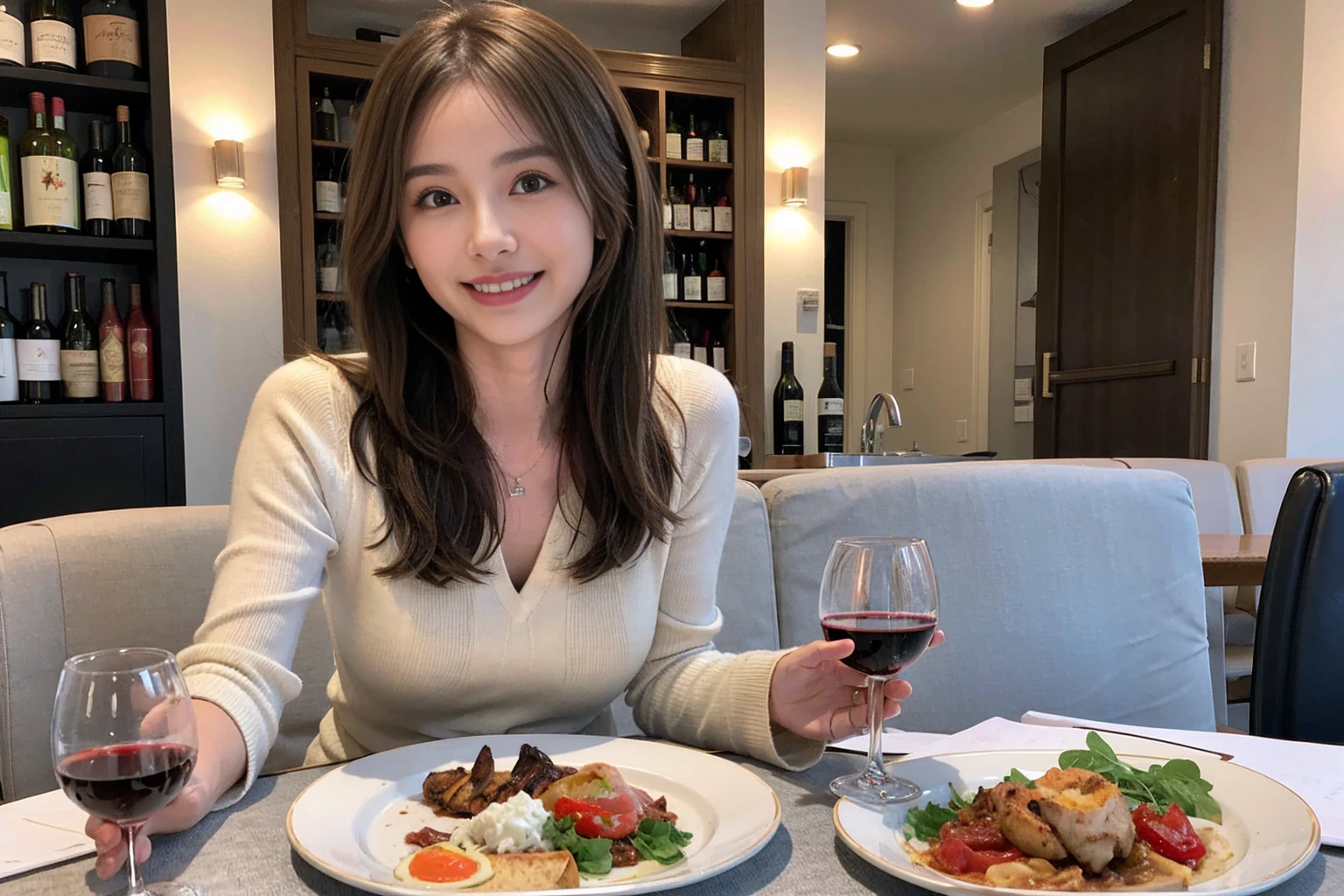 (Realistic:1.1),(masterpiece,Highest quality),8k,(45 years old), 42 years old, slimカップル、Model Couple、actress/actor、Tight waist,Upper Body,full-course dinner、wine 、Amazing view of the sunset sky and clouds、Perfect Anatomy, Brown Hair, short hair,Random Hairstyles,((Highly detailed face and eyes:1.2))(cute顔:1.4),美しいactressの顔,Perfect golden ratio face,Long sleeve shirt、dress,(smile:1.2)、Shortcuts、cute、(Realistic, Intricate details:1.2), A bright smile、short hair,Bright Face、赤wine 、Appetizers、Italian food、wine bottle、Champagne、スパークリングwine、(slimな顔), (The body is slim), (Brown Hair), (Shortcuts), Upper Body, 白wine, slim, wineグラス,