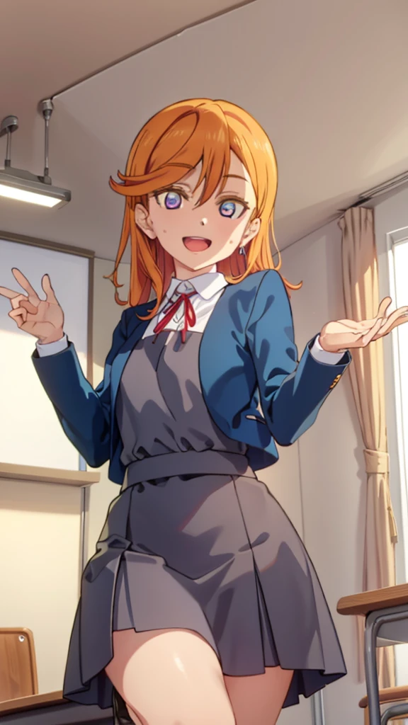 {{{masterpiece}}}, {{{best quality}}}, {{ultra-detailed}}, {illustration}, {{an extremely delicate and beautiful}}, (beautiful detailed eyes:1.6), extremely detailed face, extremely detailed CG, (perfect hands, perfect anatomy), 16k, anime face, {{shibuya kanon}}, {{love live! superstar!!}}, 1girl, cute face, purple eyes, orange medium hair, semi-long hair, asymmetrical bangs, medium breasts, thin waist, big hips, curvaceous, {{yuigaoka school uniform}}, grey pinafore dress, white collared shirt, red neck ribbon, blue jacket, open jacket, black socks, BREAK, kyoushitsu, classroom, indoors, school chair, school desk, chalkboard, window, ceiling light, curtains, jump, jumping, smiling, peer in from below, looking at viewer, daytime