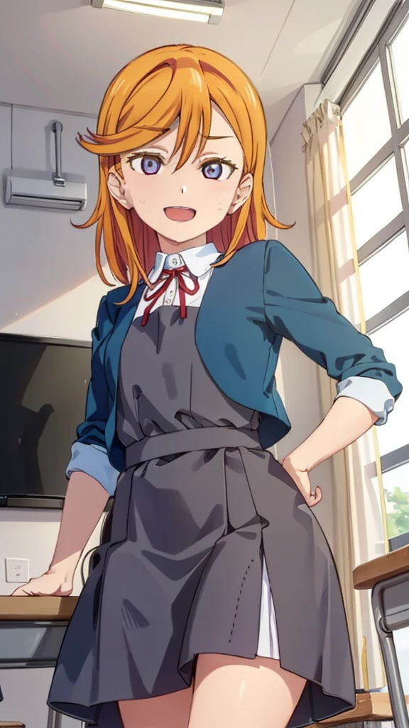{{{masterpiece}}}, {{{best quality}}}, {{ultra-detailed}}, {illustration}, {{an extremely delicate and beautiful}}, (beautiful detailed eyes:1.6), extremely detailed face, extremely detailed CG, (perfect hands, perfect anatomy), 16k, anime face, {{shibuya kanon}}, {{love live! superstar!!}}, 1girl, cute face, purple eyes, orange medium hair, semi-long hair, asymmetrical bangs, medium breasts, thin waist, big hips, curvaceous, {{yuigaoka school uniform}}, grey pinafore dress, white collared shirt, red neck ribbon, blue jacket, open jacket, black socks, BREAK, kyoushitsu, classroom, indoors, school chair, school desk, chalkboard, window, ceiling light, curtains, jump, jumping, smiling, peer in from below, looking at viewer, daytime
