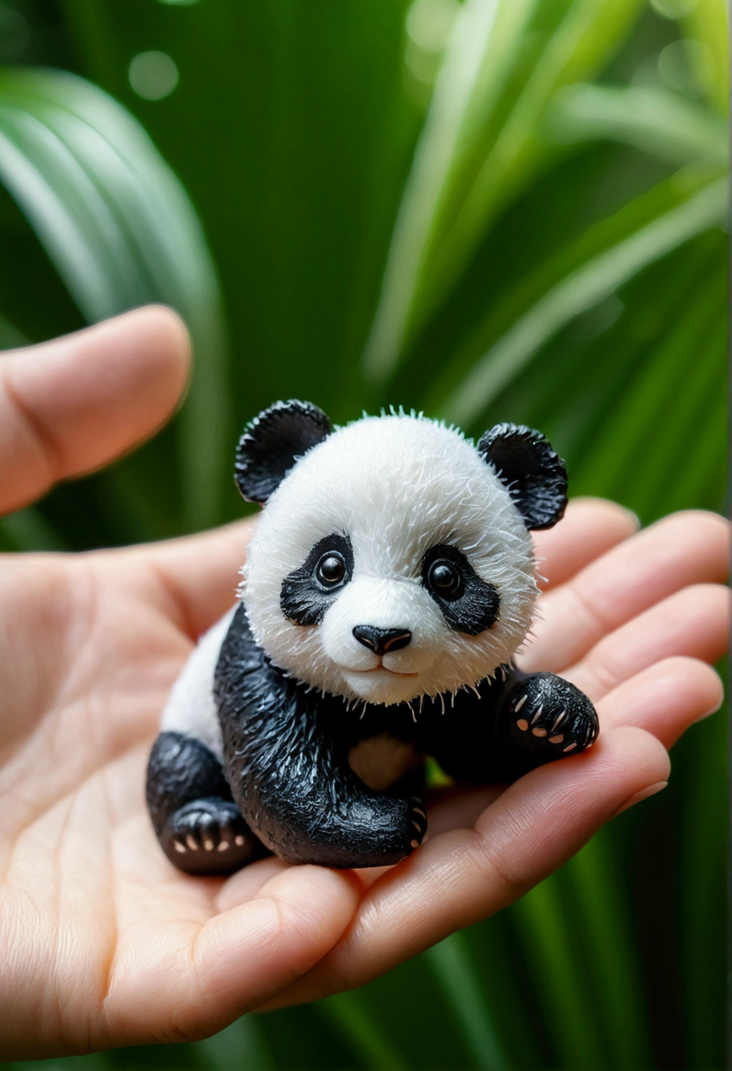 A miniature panda cub sits on the palm of your hand, surrounded by lush greenery and sparkling water. The photography uses focus stacking to create hyperrealistic animal illustrations in the style of plush doll art. The cub looks cute and adorable with cinematic, high resolution and natural lighting. A bokeh effect and blurred background add to the ultrahigh definition style.