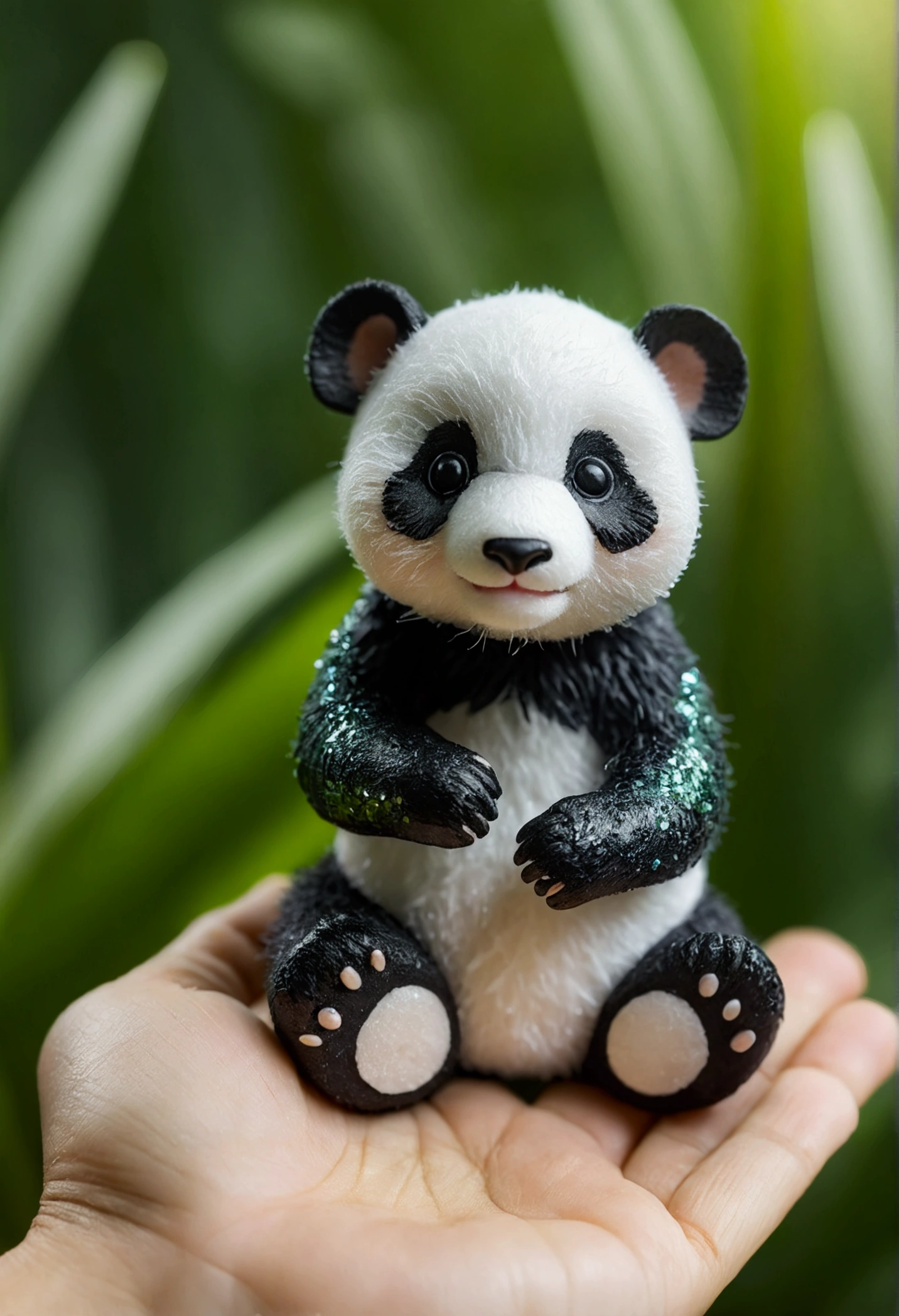 A miniature panda cub sits on the palm of your hand, surrounded by lush greenery and sparkling water. The photography uses focus stacking to create hyperrealistic animal illustrations in the style of plush doll art. The cub looks cute and adorable with cinematic, high resolution and natural lighting. A bokeh effect and blurred background add to the ultrahigh definition style.