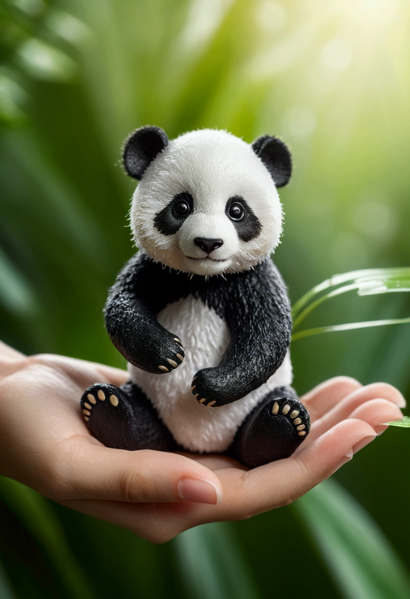 A miniature panda cub sits on the palm of your hand, surrounded by lush greenery and sparkling water. The photography uses focus stacking to create hyperrealistic animal illustrations in the style of plush doll art. The cub looks cute and adorable with cinematic, high resolution and natural lighting. A bokeh effect and blurred background add to the ultrahigh definition style.