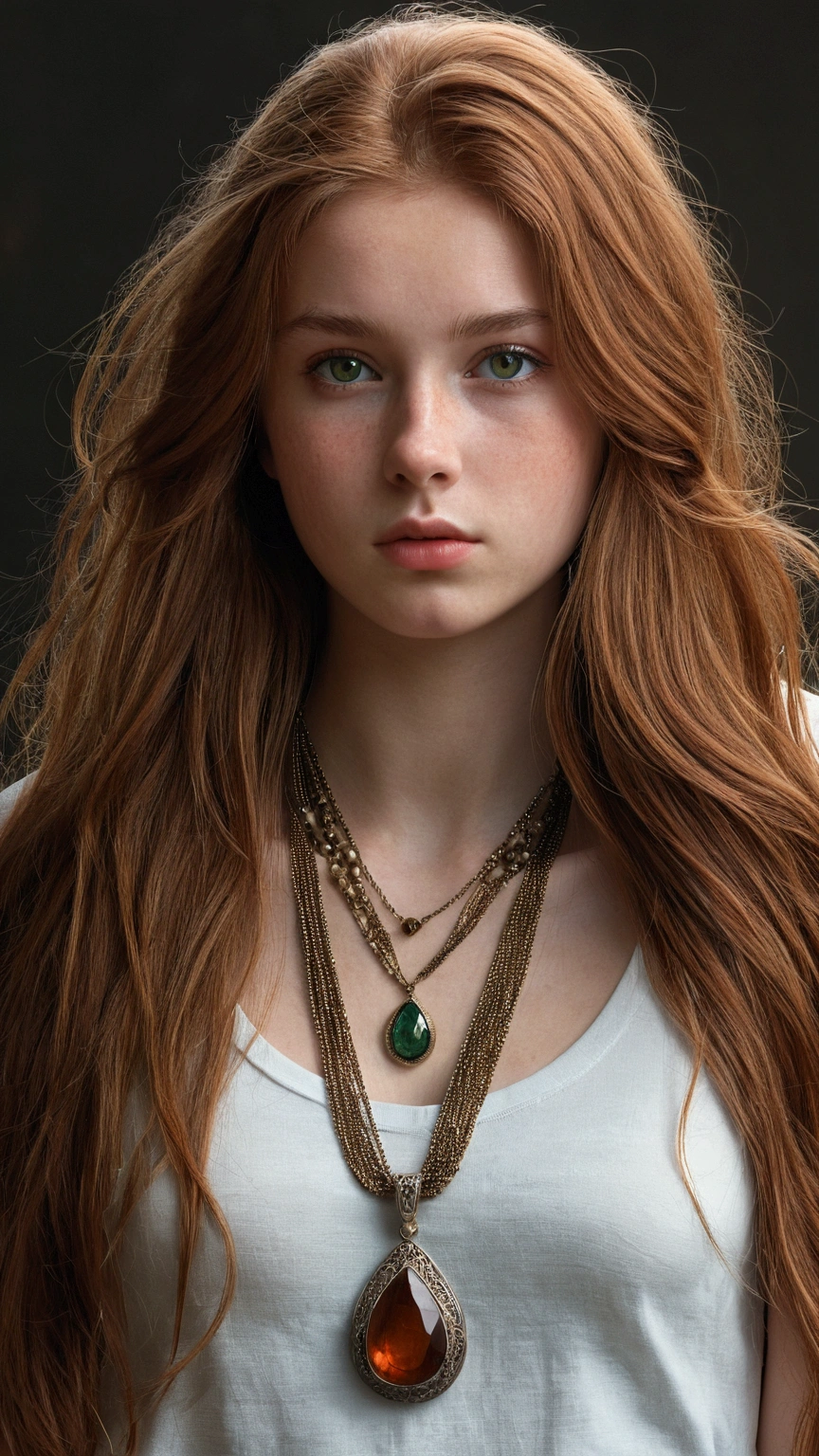 girl in, 18-years old, ((Hyper-Realism))texturized skin, alone, long hair, Colossal , looking ahead at viewer, russet hair, greeneyes, jewerly, whole body, a necklace, nua fazendo pose sexly, sexly, realisitic, Uma sexly