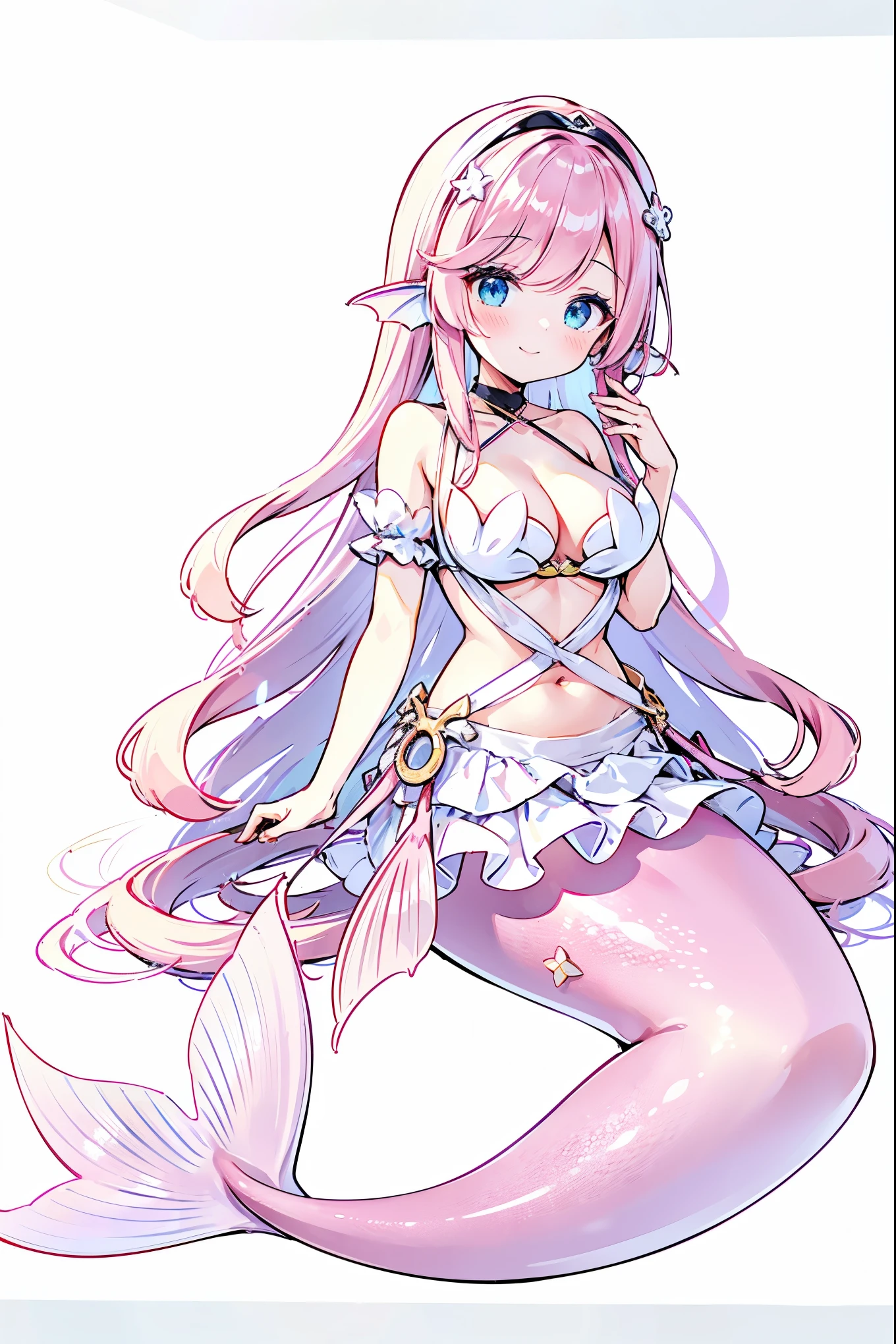 masterpiece, best quality,A girl,Pink hair,White Dress,blue eyes,Head fin,独奏,Large Breasts,Mermaid,粉色的Mermaid尾巴,full-body shot,White background,charming face(Kawaii, charming,Soft),Looking at the audience,Smile,Sitting