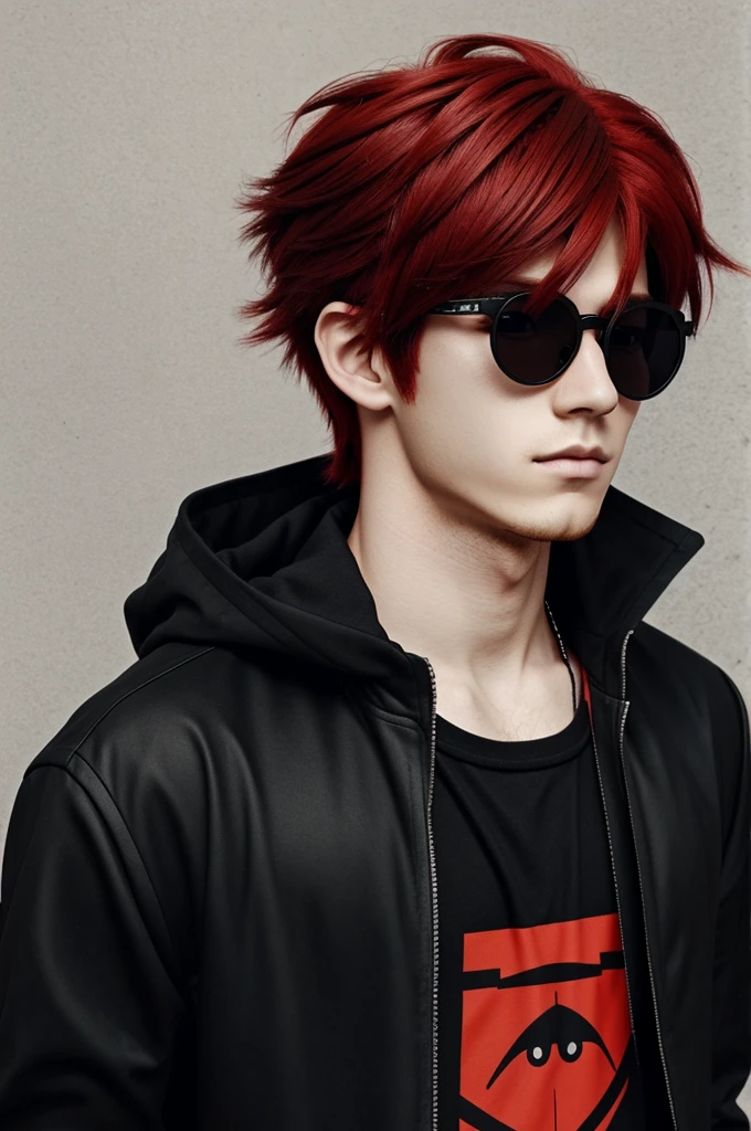Anime drawing of a red-haired boy with dark skater glasses in black aesthetic clothing with an anime hairstyle 