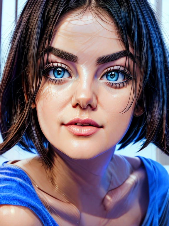 ((Extremely thin Lucy Hale, symmetrical body, medium breasts, Waist slender, wide hip, Round ass, sensual and beautiful, symmetrical and well-detailed face with rich details, short blue blouse, mãos perfect symmetry sem erros)), using the best shadow lighting techniques, mesmerizing that transcends the visual, image in stunning 8k resolution and raw format to preserve the highest quality of details. ultra-realistic image, perfect symmetry, vibrant and clear, dynamic view, high level of detail and definition, 1200 PPI – Photographic resolution with greater color realism, hyperrealisti, high fidelity, cinematic, 8K UHD image resolution.