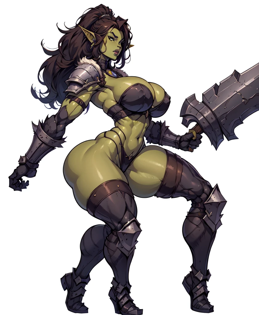 naz_grandmight, mature female, detailed, masterpiece, HDR, detailed sharp, best quality, highres, 1girl, solo,
makeup, thick lips, lipstick, eyeshadow,
colored skin, orc, pointy_ears, tusks,
pelvic_curtain, armor, fur_trim, single pauldron,
fighting_stance, from side,
backlighting, depth of field, indirect lighting, dim lighting,
curvy, thick thighs, narrow waist, wide hips, large breasts, soft, squishy, (((full body view))), ((background, white background: 1.3))