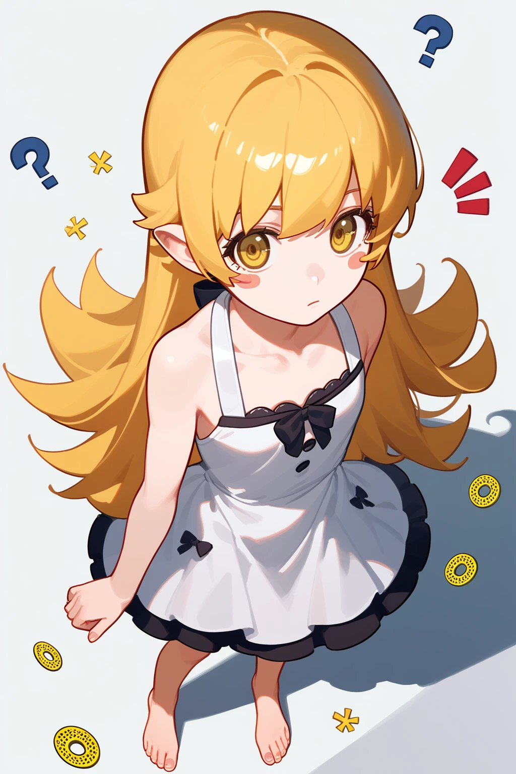 (punctuation_9,punctuation_8_High above,punctuation_7_High above,),oshino shinobu,long hair,standing alone,hair blonde,yellow eyes,pointy ears,don,white don,blush stickers,bare shoulders,barefoot,Focus on the feet,sitting down,