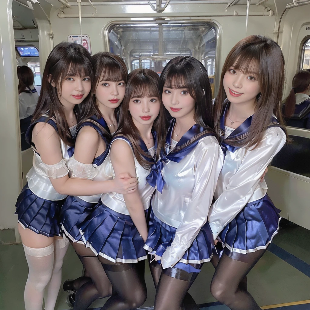 (((Ultra-clear resolution))), (((best quality))), (((super shiny silk sailor collar, tight, pleated miniskirt, group photo of only girls crowded train with female only, impossible breasts, angle from below, see-through pantyhose, grin))), looking at viewer