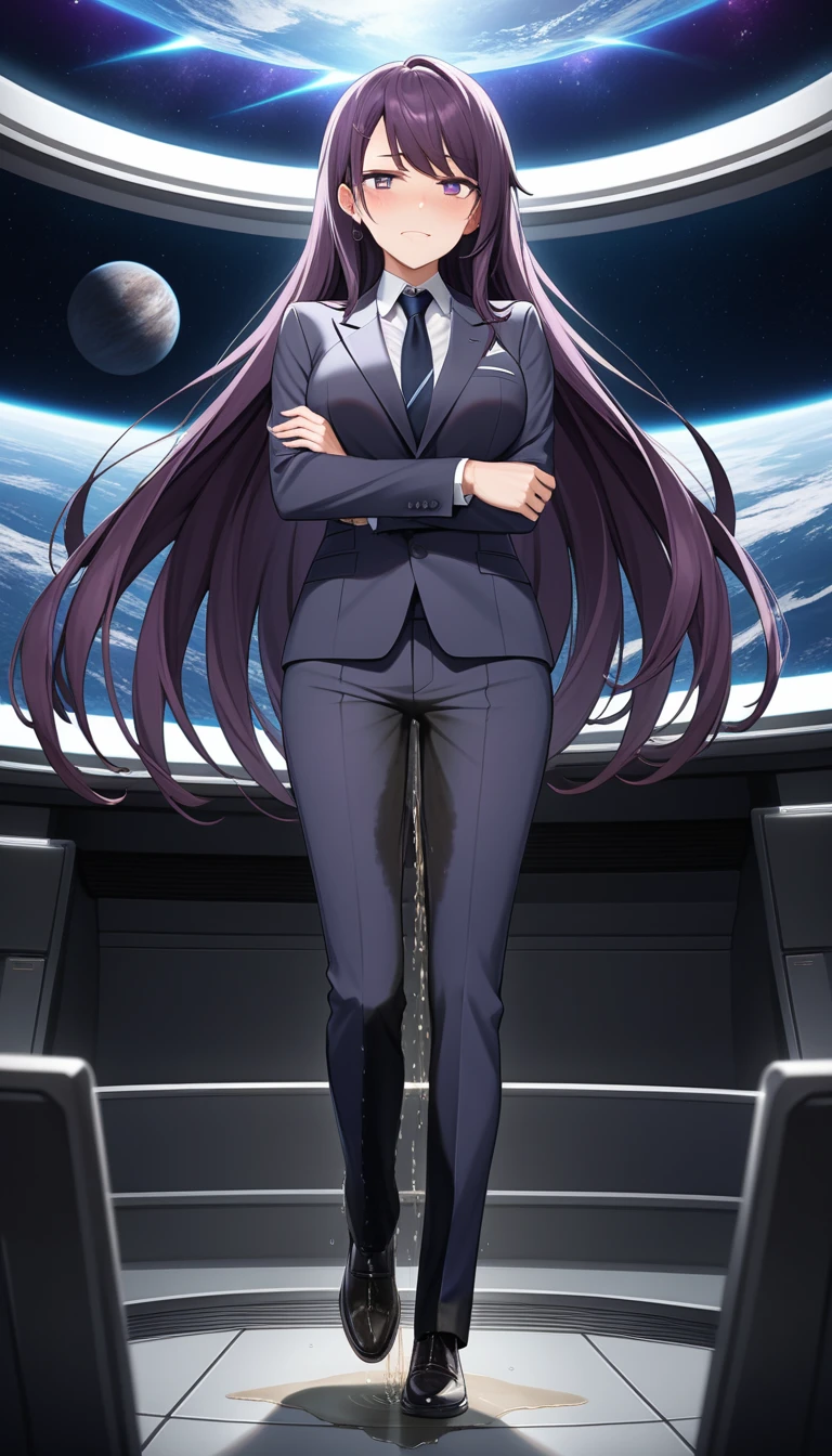(high quality,Very detailed:1.37, High resolution), Woman, (mature:2.0), (Sakaki Yumiko:1.5), (very long hair:1.5), (dark purple hair:2.5), purple eyes, large breasts, tuxedo, necktie, (pants:1.5), (wetting herself:1.5), standing, (arms crossed:1.5), (embarrassed:1.5), (humiliation:1.5), (constricted pupils:1.5), (sweating:1.5), shaking, (trembling:1.5), (blushing:1.5), Meticulous details, (extremely detailed eys:1.37), space station, interior, science fiction, futuristic, full body