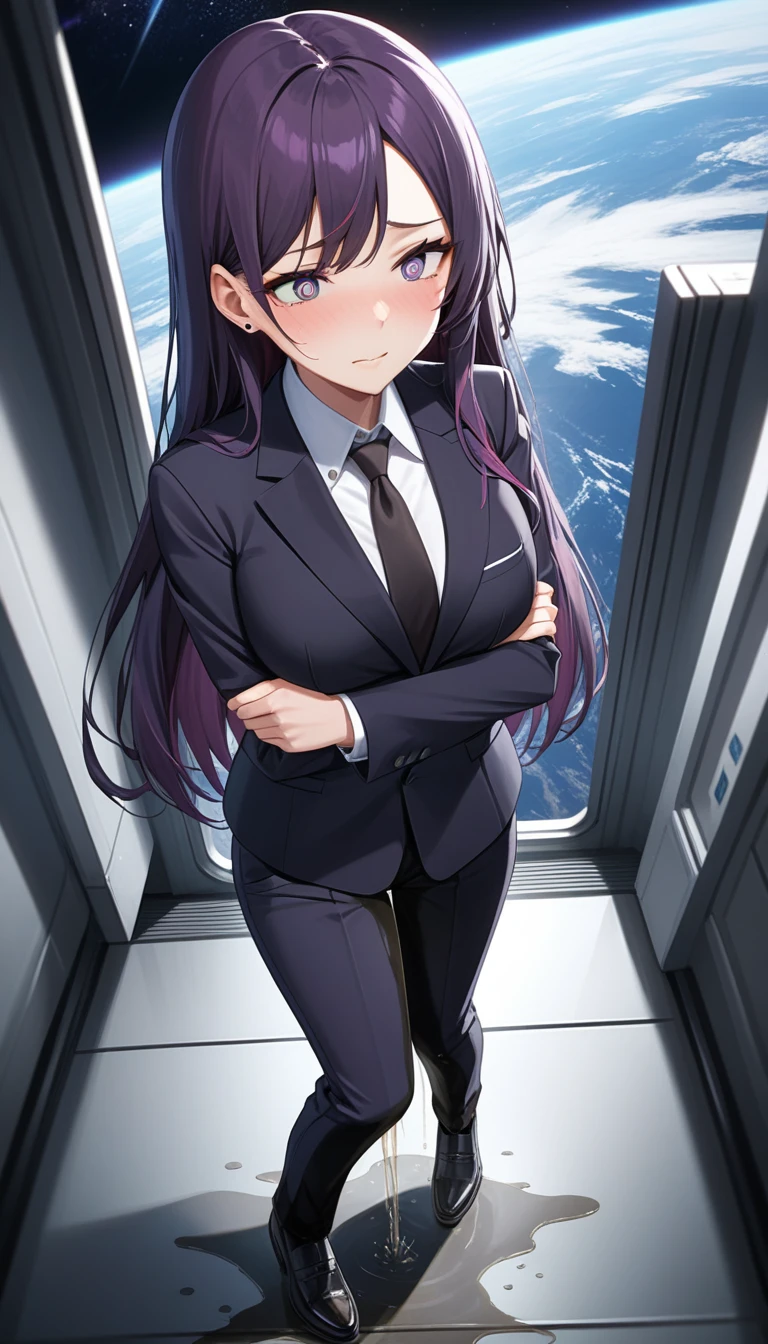 (high quality,Very detailed:1.37, High resolution), Woman, (mature:2.0), (Sakaki Yumiko:1.5), (very long hair:1.5), (dark purple hair:2.5), purple eyes, large breasts, tuxedo, necktie, (pants:1.5), (wetting herself:1.5), standing, (arms crossed:1.5), (embarrassed:1.5), (humiliation:1.5), (constricted pupils:1.5), (sweating:1.5), shaking, (trembling:1.5), (blushing:1.5), Meticulous details, (extremely detailed eys:1.37), space station, interior, science fiction, futuristic, full body