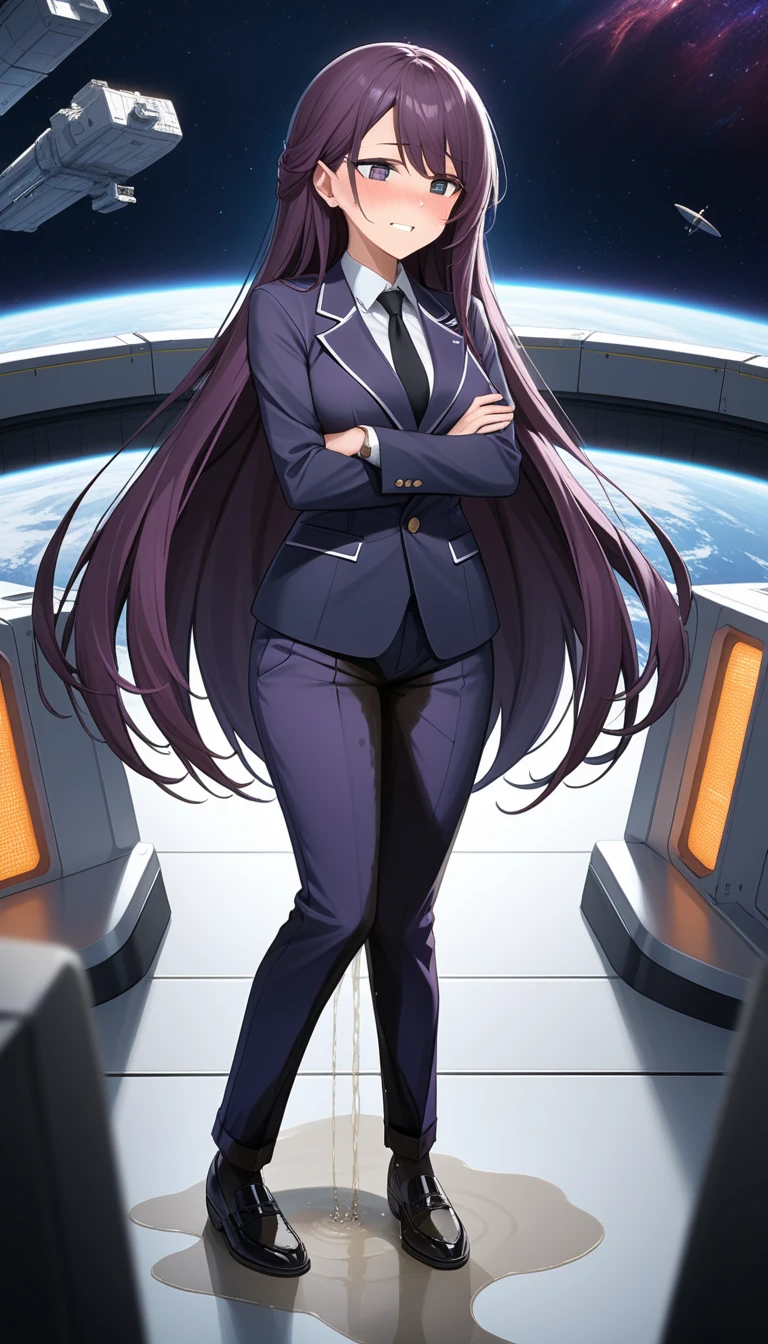 (high quality,Very detailed:1.37, High resolution), Woman, (mature:2.0), (Sakaki Yumiko:1.5), (very long hair:1.5), (dark purple hair:2.5), purple eyes, large breasts, tuxedo, necktie, (pants:1.5), (wetting herself:1.5), standing, (arms crossed:1.5), (embarrassed:1.5), (humiliation:1.5), (constricted pupils:1.5), (sweating:1.5), shaking, (trembling:1.5), (blushing:1.5), Meticulous details, (extremely detailed eys:1.37), space station, interior, science fiction, futuristic, full body