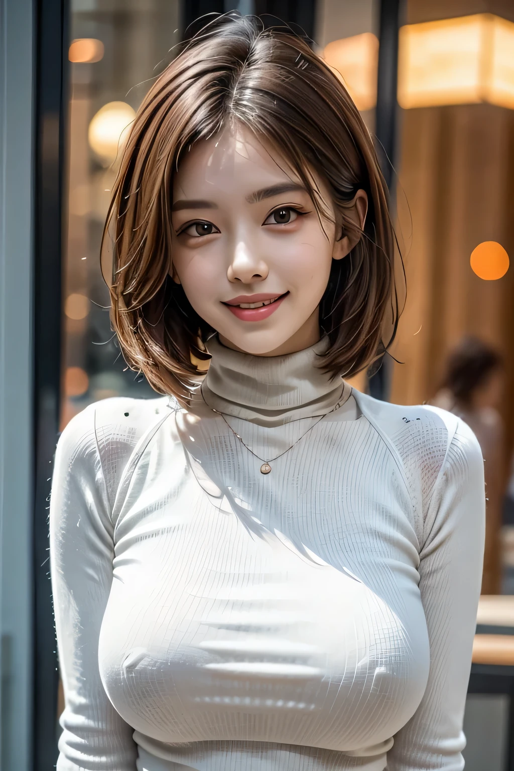 (UHigh resolution, retina, masterpiece, Accurate, Anatomically correct, Textured skin, Very detailed, Attention to detail, high quality, 最high quality, High resolution, 1080P, High resolution, 4K, 8k, 16K), (1 female), (美しいAttention to detail目, Beautiful lip detail, Very detailed目と顔), grin, Studio Lighting, Physically Based Rendering, Vibrant colors, (Large Breasts, Glamorous Body), (Turtleneck sweater), (Portraiture, Bobcut, Shiny Hair, Glowing Skin, blush), (Bokeh:1.5), Eye Reflexes,