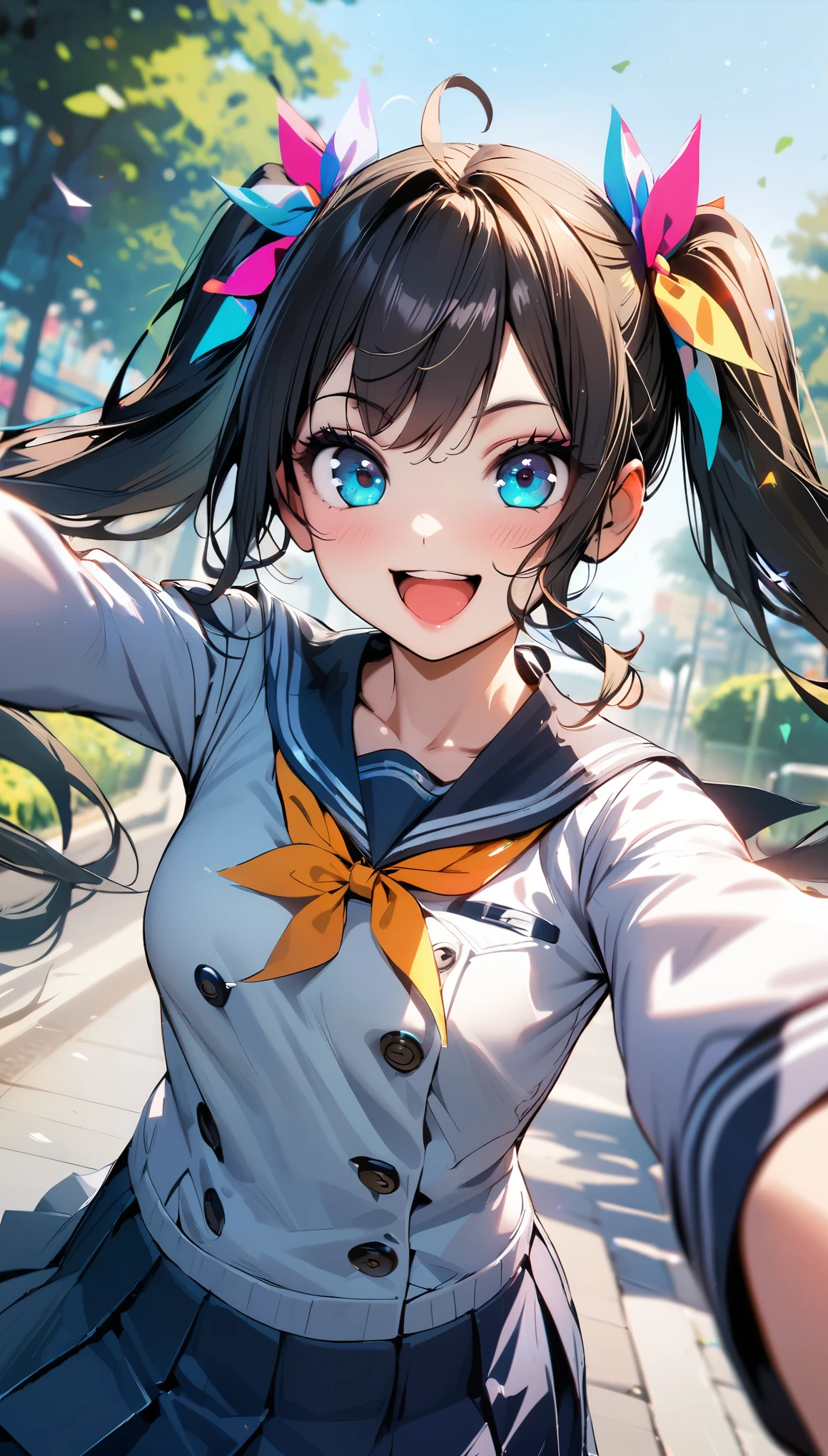 (Highest quality:1.2, 4K, 8k, Very detailed, up to date, Vibrant, Attention to detail, masterpiece:1.2, Highest quality, Best aesthetics), (((1 girl))), JK, Sailor suit, Pleated skirt, Open your mouth:1.2, Cute Smile:1.1, (Black Hair, Long twin tails), Dynamic Angle, Friendly atmosphere, Beautiful Hair, Shiny Hair, Beautiful Skin, Detailed face and eyes, Glossy Lips, Curvy Women, Sexy pose, Lush green park:1.2, Colorful flowers, Light and shadow with attention to detail, Background Blur.
