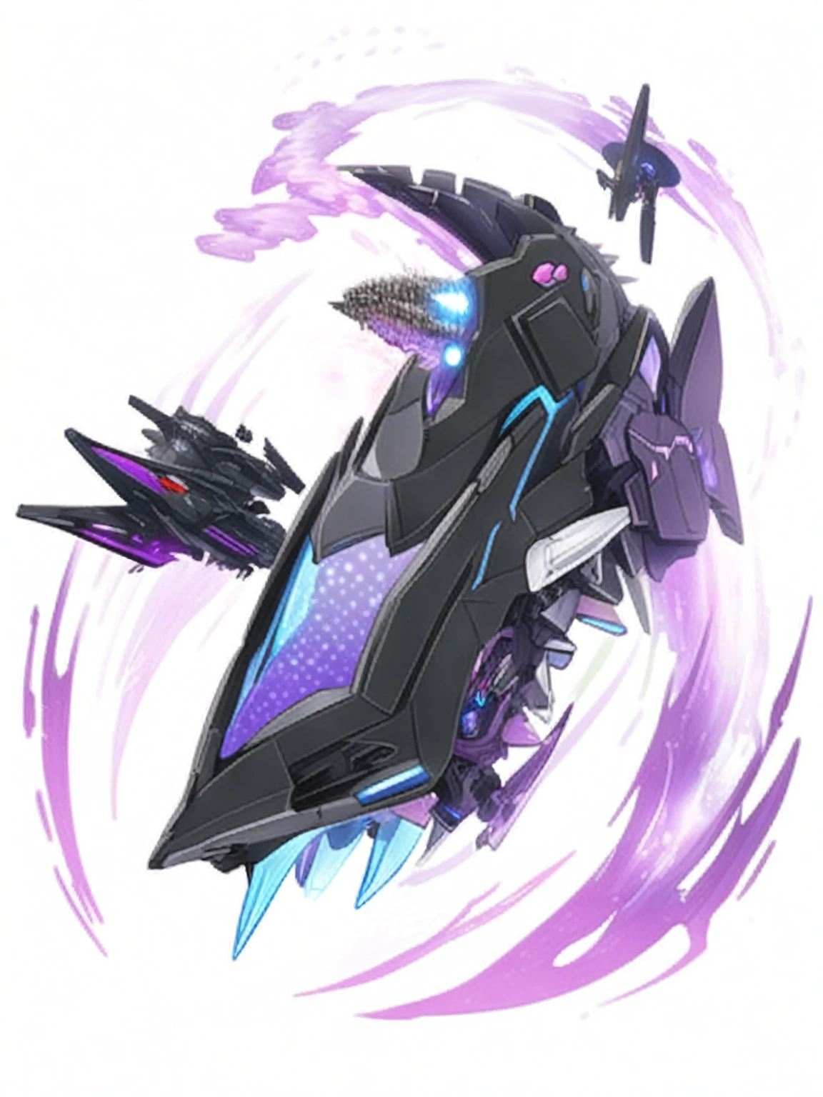 there is a black and purple robot with a light on, anime art vehicle concept art, dark ( spaceship ), black mecha, high detailed official artwork, sleek mecha female dragon head, pterodactyl mecha, shockwave, robot mecha female dragon head, cool mecha style, zoids art, official concept art, akasuki voidstar