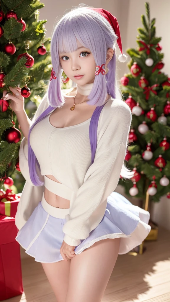 (8K, masterpiece, RAW photos, best quality, detail:1.2), Reality, Extremely detailed Cg Unity 8K wallpaper, Depth of Field, light, lens flare, Ray Tracing, (Extremely beautiful face, Beautiful lips, beautiful eyes), intricate detail face, ((ultra detailed skin)),1 Girl, Remote freezing, Purple Hair, Purple Eyes, (Purple pupils), Very long hair, Wide hips, Large Breasts, ((Christmas clothes:1.2)), partedbangs, 傻lol, 微lol, lol, Santa Claus Costume, Bag full of gifts, Christmas tree,