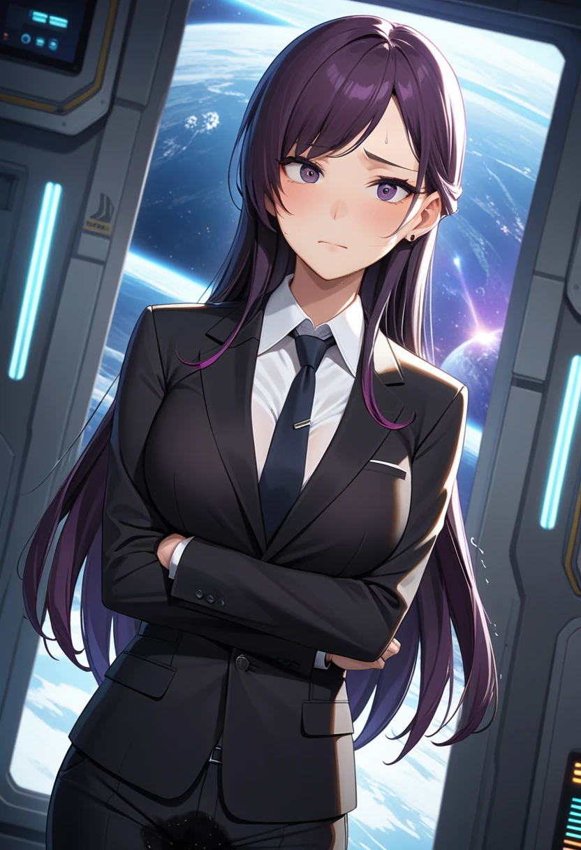 (high quality,Very detailed:1.37, High resolution), Woman, (mature:2.0), (Sakaki Yumiko:1.5), (very long hair:1.5), (dark purple hair:2.5), purple eyes, large breasts, tuxedo, necktie, sunglasses, (pants:1.5), (wetting herself:1.5), standing, (arms crossed:1.5), (embarrassed:1.5), (humiliation:1.5), (constricted pupils:1.5), (sweating:1.5), shaking, (trembling:1.5), (blushing:1.5), Meticulous details, (extremely detailed eys:1.37), space station, interior, science fiction, futuristic