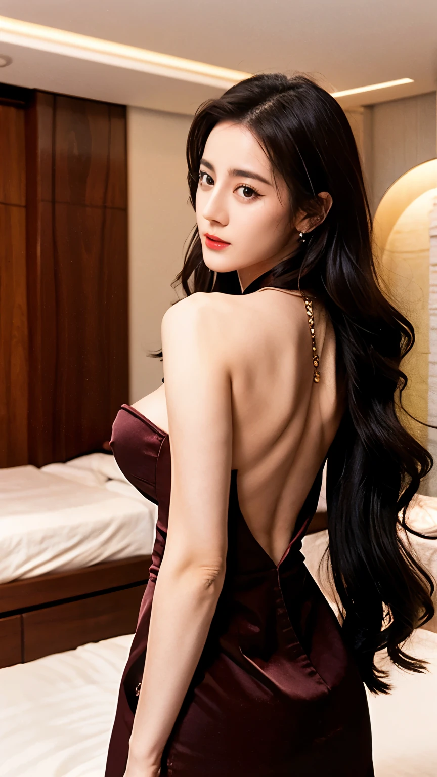 Ultra HD resolution，artistic photos，Photography，21year girl,earrings,long hair,Black background,Black backless dress,necklace,cowboy shot,H cup，Showing cleavage，Expose more breasts，Amazing breast size，Erect nipples，Expose the areola，Bigger breasts，Smooth and beautiful back，Completely bare back，Cold white skin，Big buttocks，Messy hair，Messy hair，Ruddy face，Lying in bed，On the bed in the bedroom