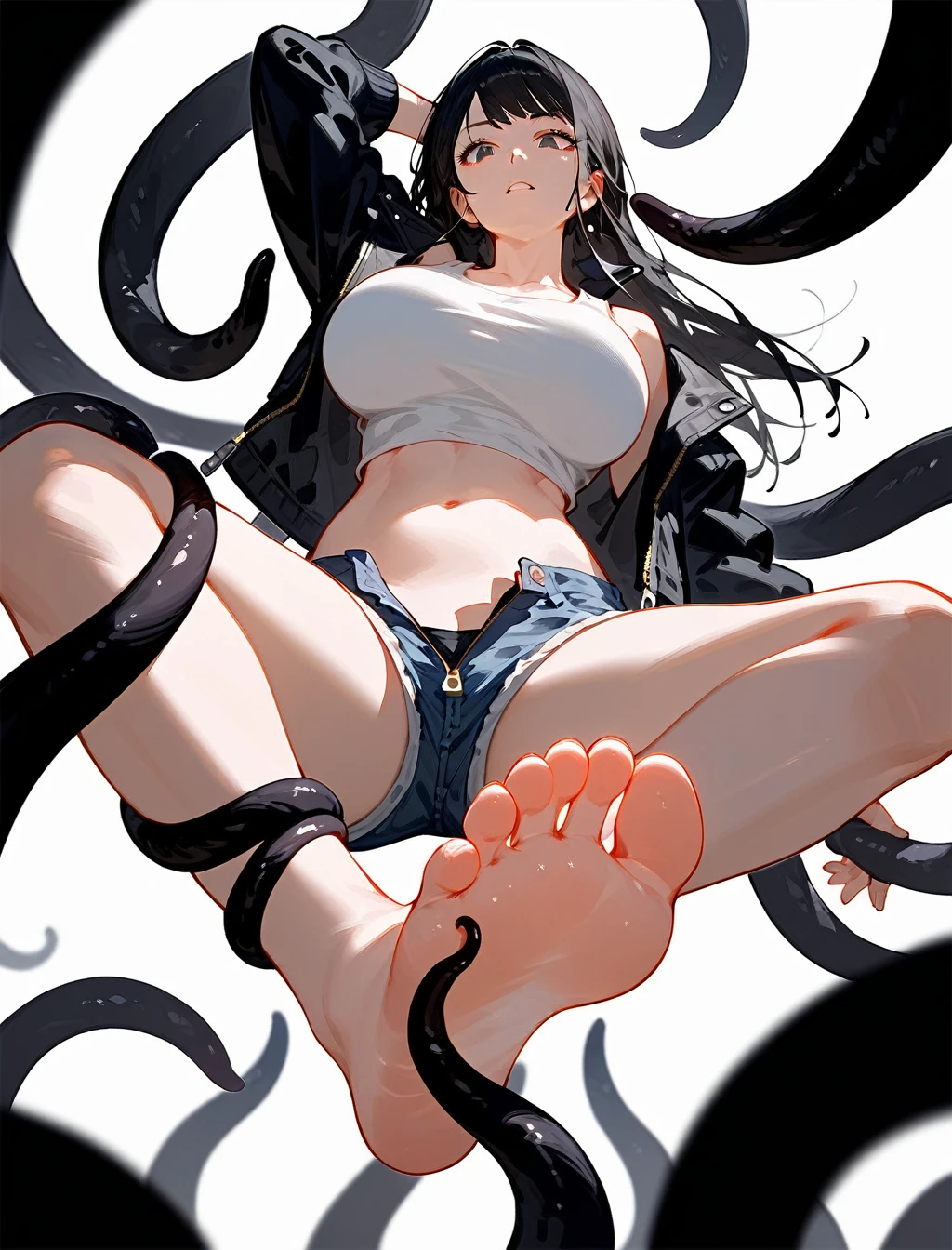 1 woman showing feet low angle,Trampling the audience,barefoot,Soles,Foot Focus,White Belly Tank Top,Wearing an unzipped black jacket,Bangs, Long hair,Black hair,齐Bangs, Denim shorts,Anatomically correct, Big breasts(d), Mature,Contempt,Eyes look at the audience,Many thick black tentacle-like tails extended from the woman's back.,Stepping on the tentacles,Stomping Tentacles,Detailed background,In the bedroom