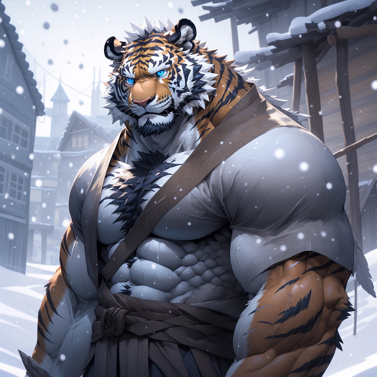 sweaty muscular torso naked snowing swan feathers heavy snow winter village furry anthropomorphic chest hair serious face(Scars on the face) Mature (blue eyes)Huge muscle ripped abs wild,Tiger of tribal ambition