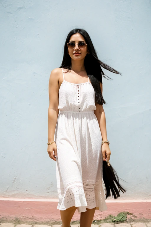 Woman white skin very long straight black hair ,   with Mexican pink dress sunglasses in Colombia