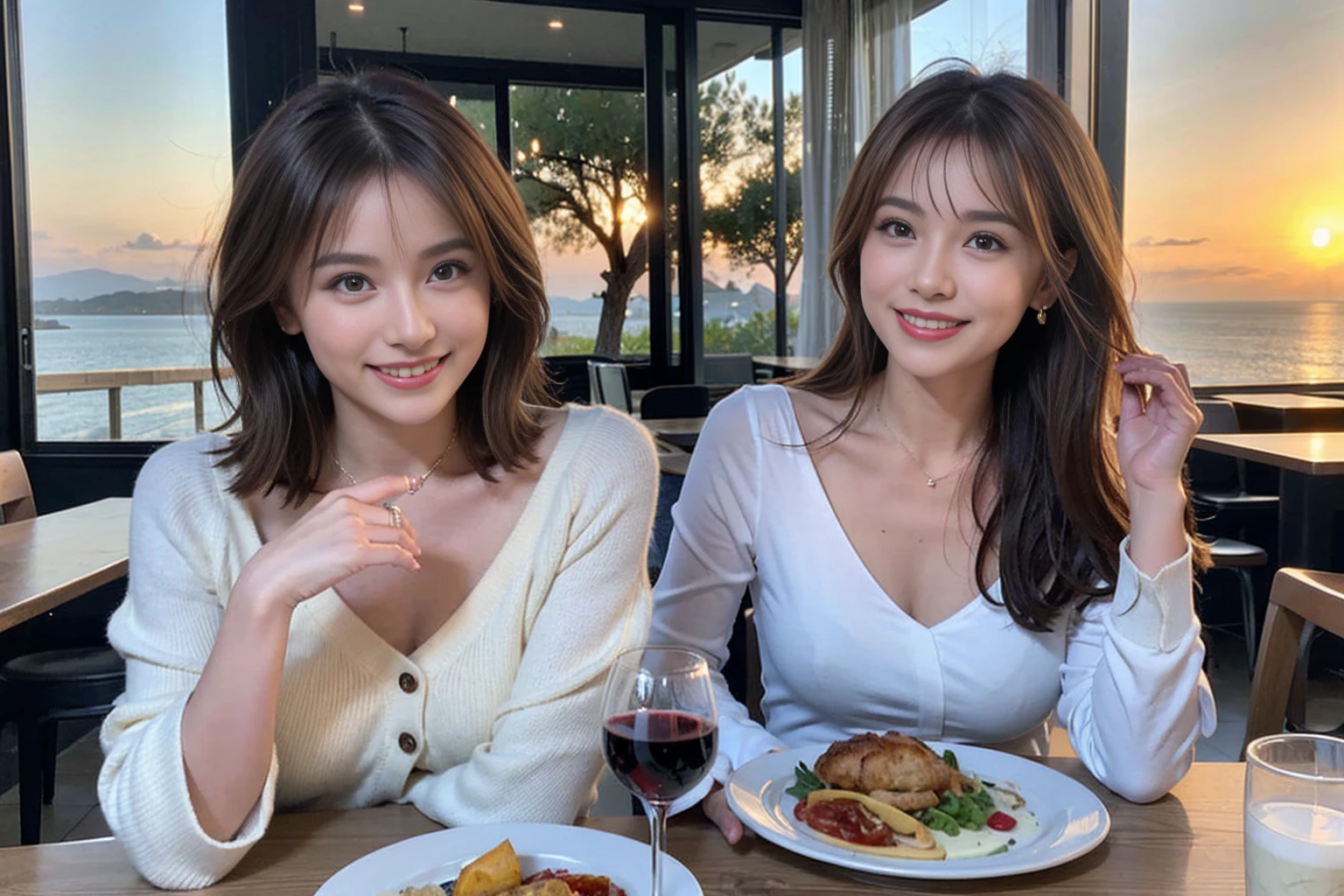 (Realistic:1.1),(masterpiece,Highest quality),8k,(45 years old), 42 years old, slimカップル、Model Couple、actress/actor、Tight waist,Upper Body,full-course dinner、wine 、Amazing view of the sunset sky and clouds、Perfect Anatomy, Brown Hair, short hair,Random Hairstyles,((Highly detailed face and eyes:1.2))(cute顔:1.4),美しいactressの顔,Perfect golden ratio face,Long sleeve shirt、dress,(smile:1.2)、Shortcuts、cute、(Realistic, Intricate details:1.2), A bright smile、short hair,Bright Face、赤wine 、Appetizers、Italian food、wine bottle、Champagne、スパークリングwine、(slimな顔), (The body is slim), (Brown Hair), (Shortcuts), Upper Body, 白wine, slim, wineグラス,