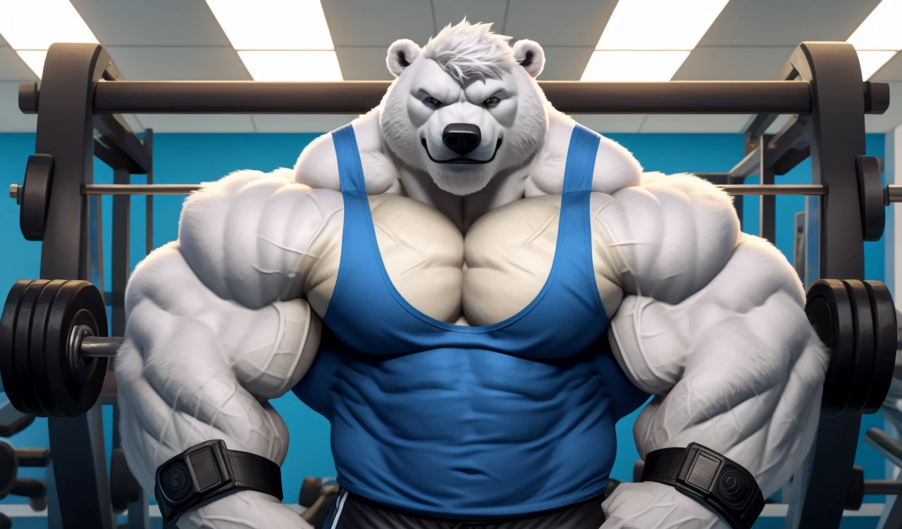 Brock Ólafsson The Huge Muscled Polar Bear, with White Hair, Blue Tank Top, Black Wristbands and Black Gym Shorts, Flexing His Thorax.