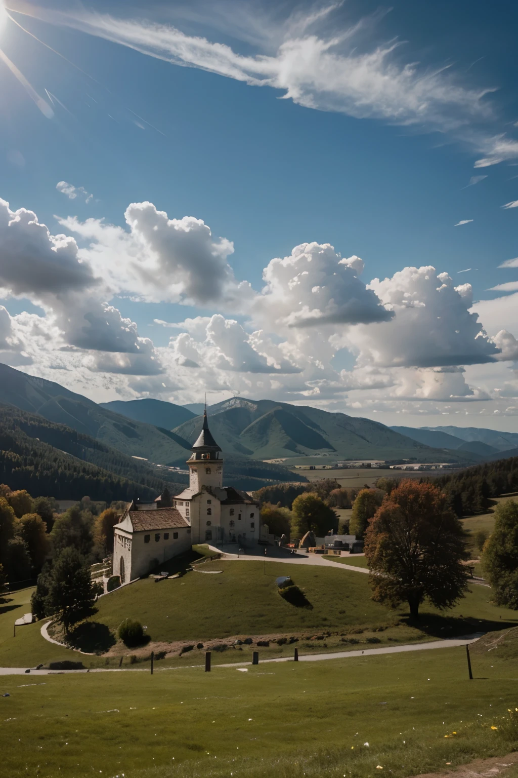 A white castle in the mountains and cloudy weather around and sun shine in warm color