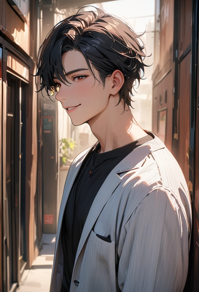 20 years old ,modern, Verism, (masterpiece:1.3), textured skin, super detail, best quality, 4K ,  A handsome man, black hair, short hair, light smile, happy

