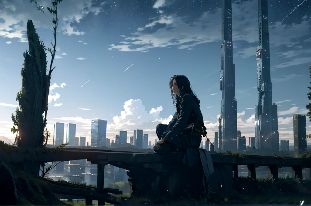 octans, sky, star (sky), scenery, starry sky, night, night sky, solo, outdoors, building, cloud, milky way, sitting, tree, long hair, city, silhouette, cityscape