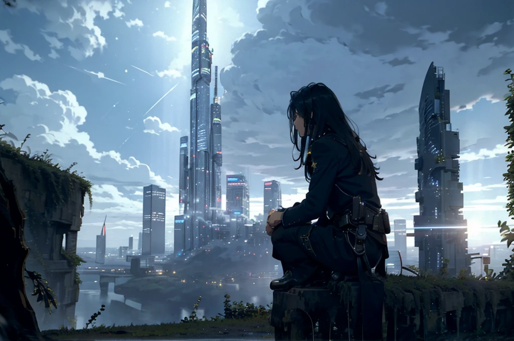octans, sky, star (sky), scenery, starry sky, night, night sky, solo, outdoors, building, cloud, milky way, sitting, tree, long hair, city, silhouette, cityscape