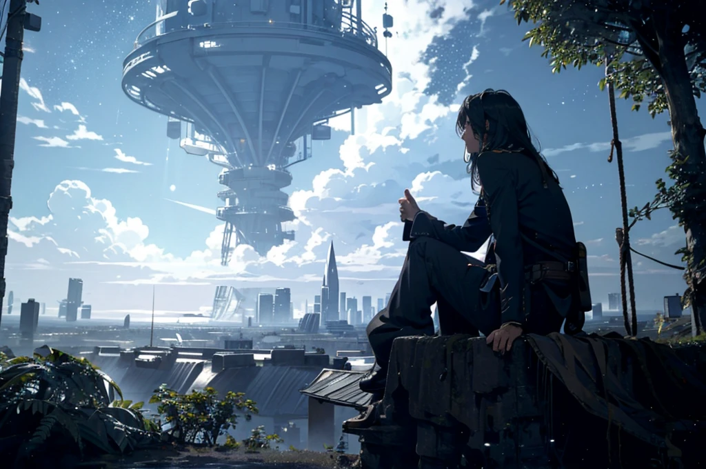 octans, sky, star (sky), scenery, starry sky, night, night sky, solo, outdoors, building, cloud, milky way, sitting, tree, long hair, city, silhouette, cityscape