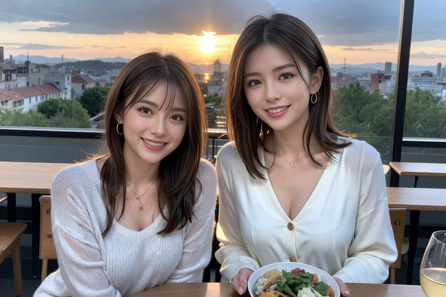 (Realistic:1.1),(masterpiece,Highest quality),8k,(44 years old), 42 years old, slimカップル、Model Couple、actress/actor、Tight waist,Upper Body,full-course dinner、wine 、Amazing view of the sunset sky and clouds、Perfect Anatomy, Brown Hair, short hair,Random Hairstyles,((Highly detailed face and eyes:1.2))(cute顔:1.4),美しいactressの顔,Perfect golden ratio face,Long sleeve shirt、dress,(smile:1.2)、Shortcuts、cute、(Realistic, Intricate details:1.2), A bright smile、short hair,Bright Face、赤wine 、Appetizers、Italian food、wine bottle、Champagne、スパークリングwine、(slimな顔), (The body is slim), (Brown Hair), (Shortcuts), Upper Body, 白wine, slim, wineグラス,