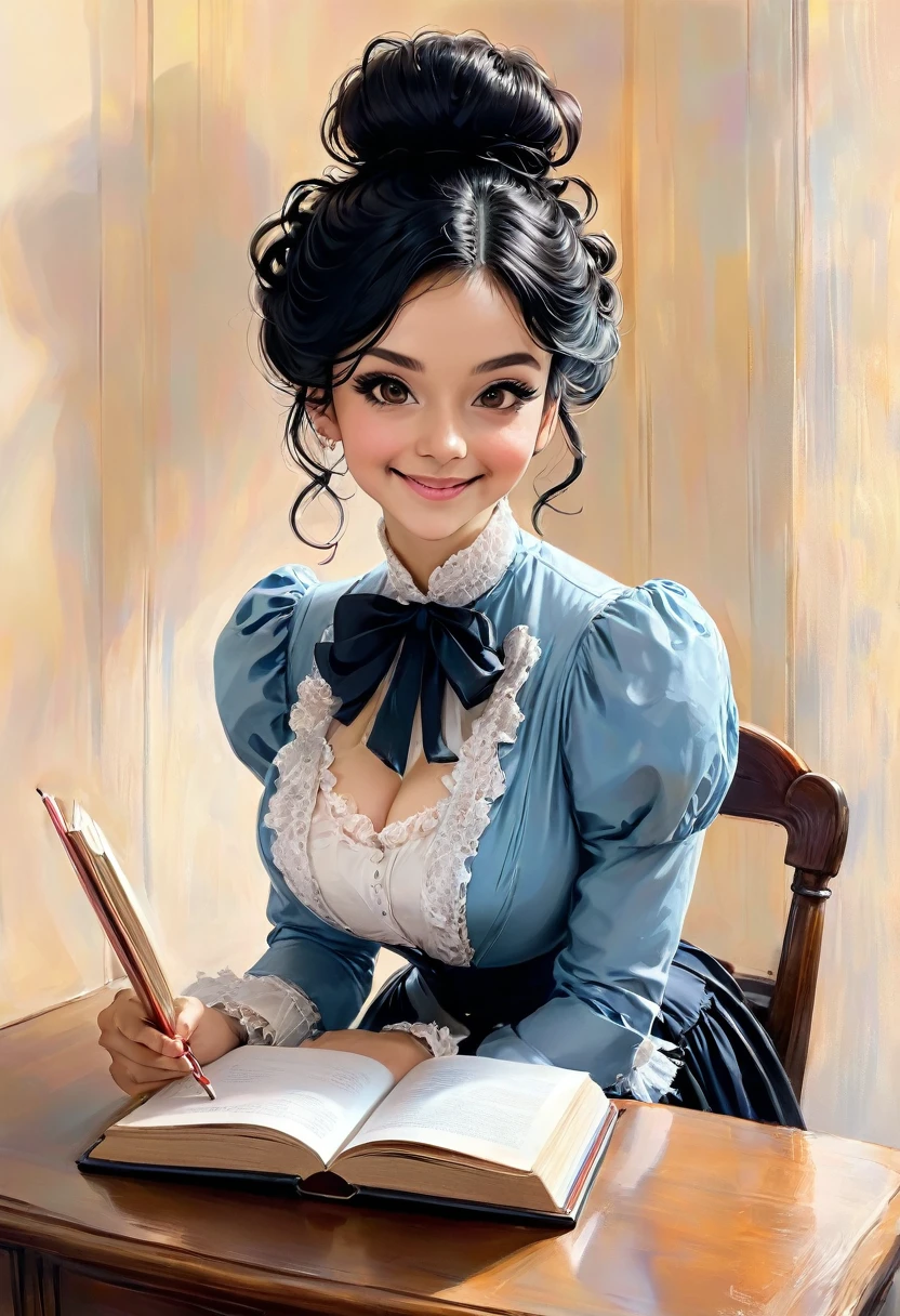 A colored pencil drawing of a pretty smiling happy victorian governess, curly black hair. Kind and inteligent, joyful energy. hair in bun, hat. book of poetry in hand.