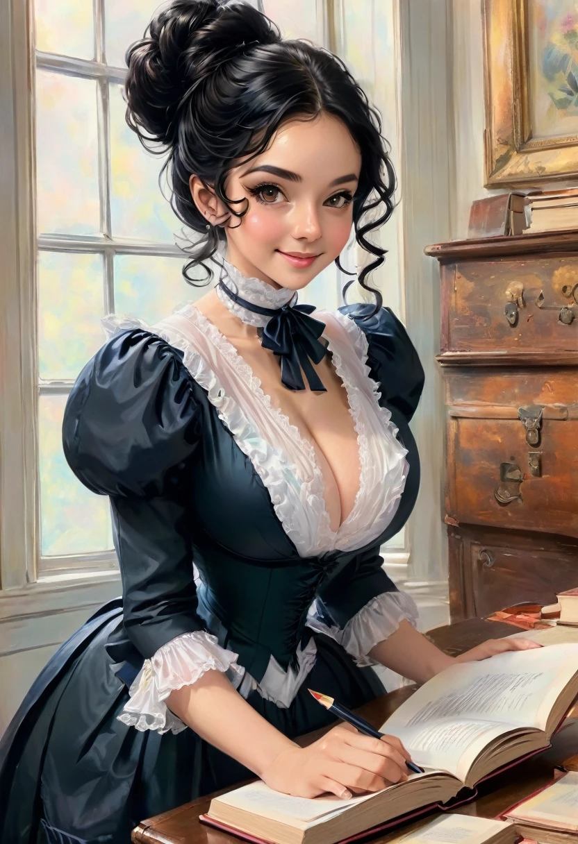 A colored pencil drawing of a pretty smiling happy victorian governess, curly black hair. Kind and inteligent, joyful energy. hair in bun, hat. book of poetry in hand.