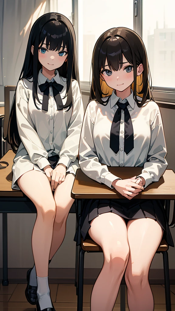 (award winning, 8k, super detailed, high resolution, best quality) , photography, (two girls), girl on the left with blonde hair and smirk expression, girl on the right with black hair and (timid expression), (sitting side by side at desk), ((beautiful girls)), set in classroom.