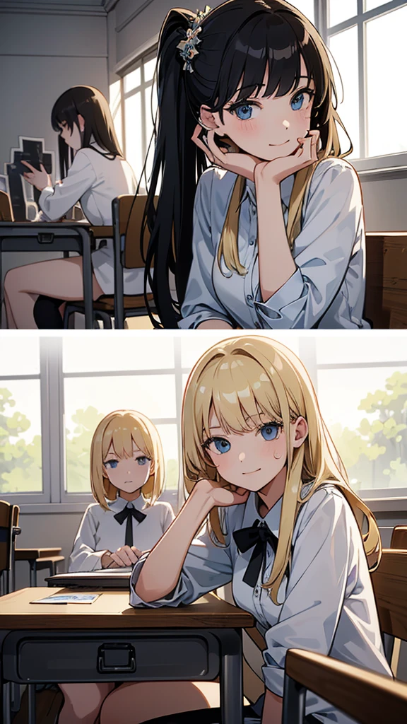(award winning, 8k, super detailed, high resolution, best quality) , photography, (two girls), girl on the left with blonde hair and smirk expression, girl on the right with black hair and (timid expression), (sitting side by side at desk), ((beautiful girls)), set in classroom.