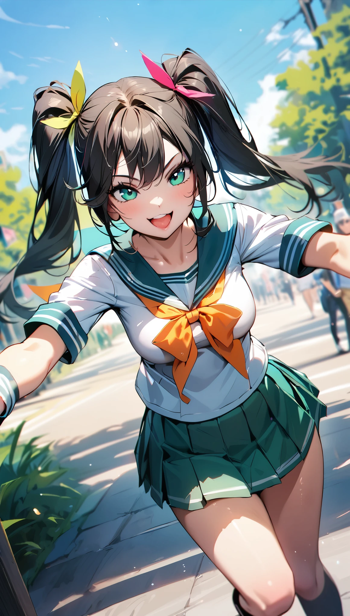 (Highest quality:1.2, 4K, 8k, Very detailed, up to date, Vibrant, Attention to detail, masterpiece:1.2, Highest quality, Best aesthetics), (((1 girl))), JK, Sailor suit, Pleated skirt, Open your mouth:1.2, Cute Smile:1.1, (Black Hair, Long twin tails), Dynamic Angle, Friendly atmosphere, Beautiful Hair, Shiny Hair, Beautiful Skin, Detailed face and eyes, Glossy Lips, Curvy Women, Sexy pose, Lush green park:1.2, Colorful flowers, Light and shadow with attention to detail, Background Blur.