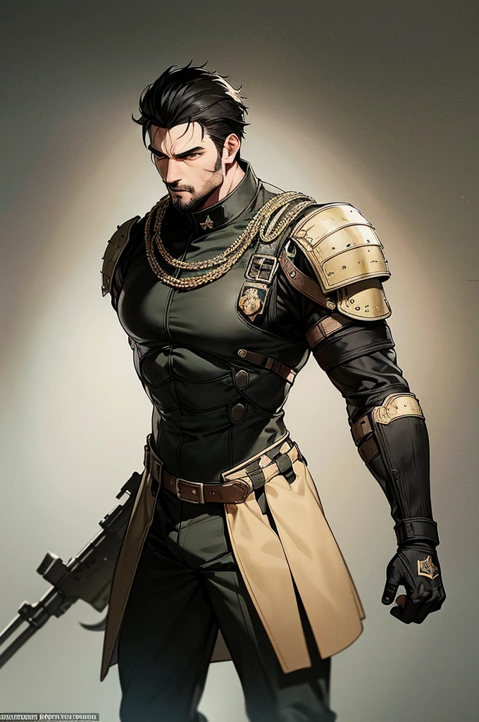 Content: A black man with short, spikey black hair and green eyes is dressed in a black military uniform with medieval aesthetics. His face is marked with scars, giving him a rugged, battle-hardened look, exuding a no-nonsense demeanor. He has a muscular frame, although his clothing shows no skin. His design takes inspiration from Metal Gear Solid, incorporating tactical elements and gear.
Medium: Digital art, character illustration.
Style: Inspired by detailed drawings of black men in military uniforms, incorporating fine line work and rich textures with a historical medieval twist. The design also integrates tactical and stealth elements from Metal Gear Solid.
Lighting: Dramatic lighting with strong contrasts to highlight his muscular frame, facial scars, and the details of his medieval-style and tactical uniform. Shadows add depth and intensity to his appearance.
Colours: A predominantly black palette for the uniform, with subtle highlights and shadows to emphasize the texture and material. The green of his eyes stands out against the darker tones, adding a striking focal point.
Composition: A full-body shot with a 50mm lens, capturing the man’s imposing figure and confident stance. The background is minimalist, ensuring the focus remains on his detailed design and powerful presence.