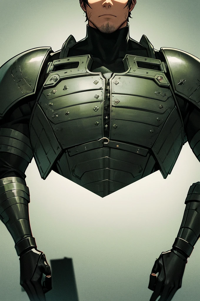 Content: A black man with short, spikey black hair and green eyes is dressed in a black military uniform with medieval aesthetics. His face is marked with scars, giving him a rugged, battle-hardened look, exuding a no-nonsense demeanor. He has a muscular frame, although his clothing shows no skin. His design takes inspiration from Metal Gear Solid, incorporating tactical elements and gear.

Medium: Digital art, character illustration.

Style: Inspired by detailed drawings of black men in military uniforms, incorporating fine line work and rich textures with a historical medieval twist. The design also integrates tactical and stealth elements from Metal Gear Solid.

Lighting: Dramatic lighting with strong contrasts to highlight his muscular frame, facial scars, and the details of his medieval-style and tactical uniform. Shadows add depth and intensity to his appearance.

Colours: A predominantly black palette for the uniform, with subtle highlights and shadows to emphasize the texture and material. The green of his eyes stands out against the darker tones, adding a striking focal point.

Composition: A full-body shot with a 50mm lens, capturing the man’s imposing figure and confident stance. The background is minimalist, ensuring the focus remains on his detailed design and powerful presence.