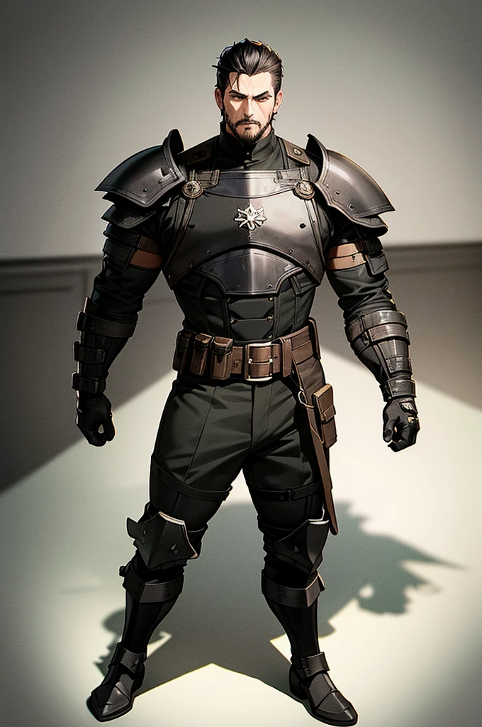 Content: A black man with short, spikey black hair and green eyes is dressed in a black military uniform with medieval aesthetics. His face is marked with scars, giving him a rugged, battle-hardened look, exuding a no-nonsense demeanor. He has a muscular frame, although his clothing shows no skin. His design takes inspiration from Metal Gear Solid, incorporating tactical elements and gear.
Medium: Digital art, character illustration.
Style: Inspired by detailed drawings of black men in military uniforms, incorporating fine line work and rich textures with a historical medieval twist. The design also integrates tactical and stealth elements from Metal Gear Solid.
Lighting: Dramatic lighting with strong contrasts to highlight his muscular frame, facial scars, and the details of his medieval-style and tactical uniform. Shadows add depth and intensity to his appearance.
Colours: A predominantly black palette for the uniform, with subtle highlights and shadows to emphasize the texture and material. The green of his eyes stands out against the darker tones, adding a striking focal point.
Composition: A full-body shot with a 50mm lens, capturing the man’s imposing figure and confident stance. The background is minimalist, ensuring the focus remains on his detailed design and powerful presence.