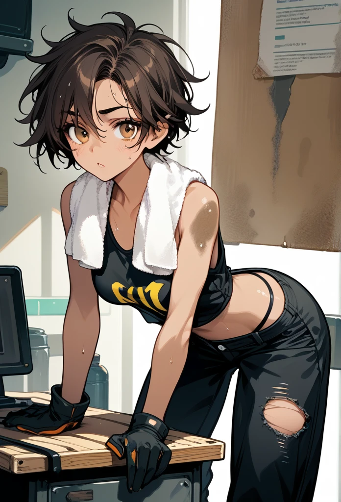 masterpiece, best quality, mature woman, messy hair, black hair, brunette gradient hair color, hot face, (tomboy face), tan skin, mature body, fit body, medium breasts, mechanic gloves, (dirty tank top), stained tank top, midriff, white bandana, mechanic pants, loose pants, workshop, (sweaty), bending over, towel around neck, black thong lines, ripped pants, spreading legs