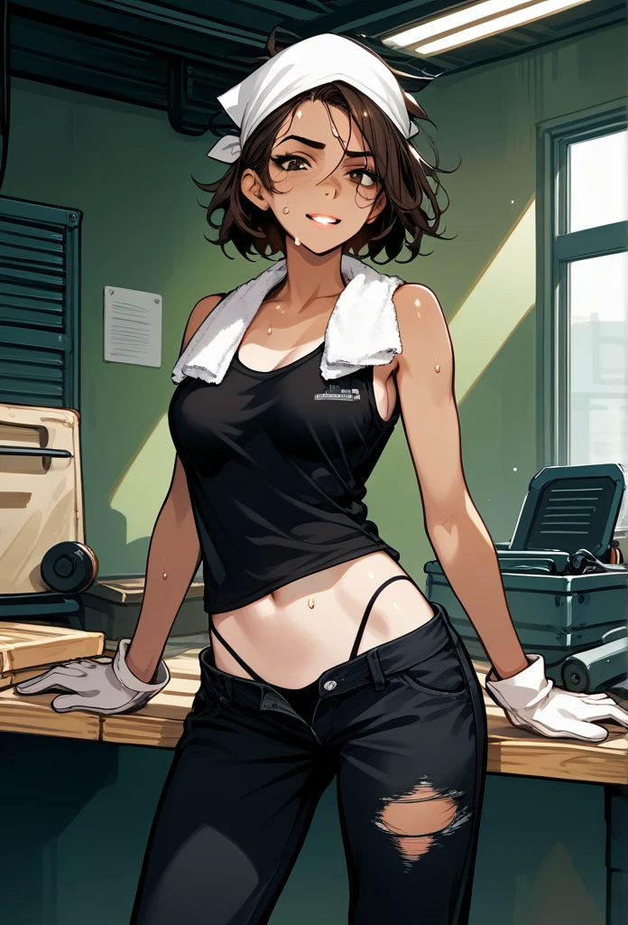 masterpiece, best quality, mature woman, messy hair, black hair, brunette gradient hair color, hot face, (tomboy face), tan skin, mature body, fit body, medium breasts, mechanic gloves, (dirty tank top), stained tank top, midriff, white bandana, mechanic pants, loose pants, workshop, (sweaty), bending over, towel around neck, black thong lines, ripped pants, spreading legs