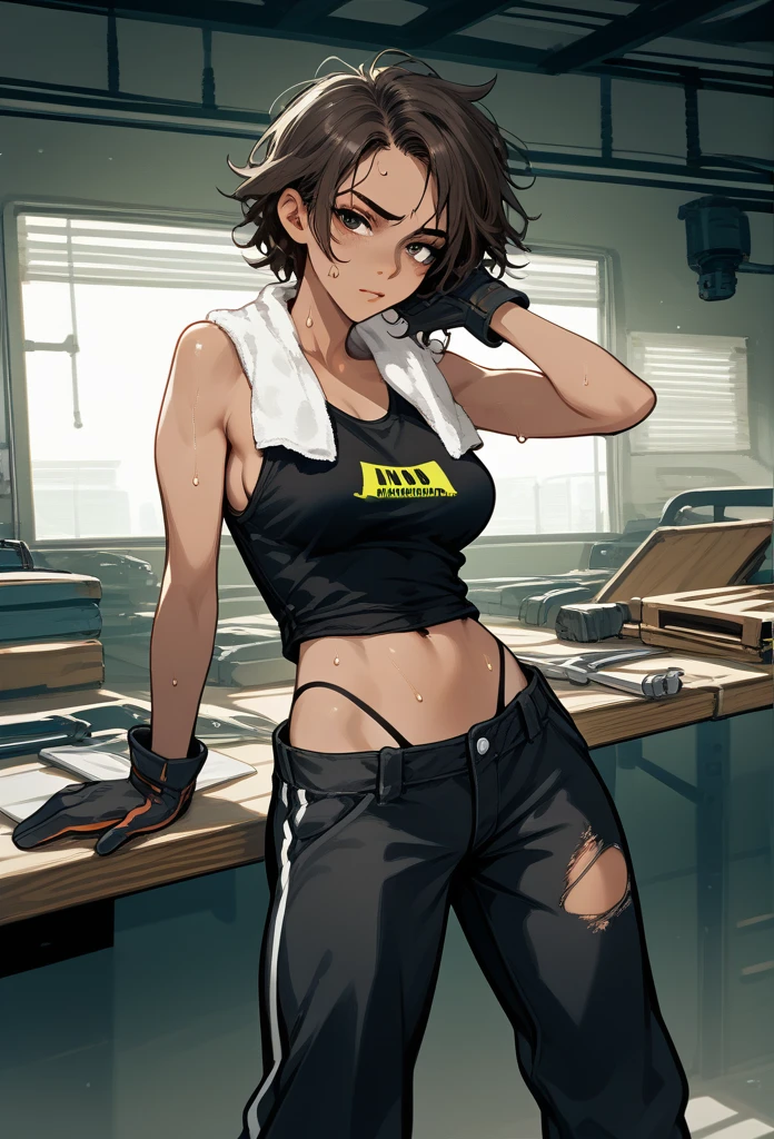 masterpiece, best quality, mature woman, messy hair, black hair, brunette gradient hair color, hot face, (tomboy face), tan skin, mature body, fit body, medium breasts, mechanic gloves, (dirty tank top), stained tank top, midriff, white bandana, mechanic pants, loose pants, workshop, (sweaty), bending over, towel around neck, black thong lines, ripped pants, spreading legs